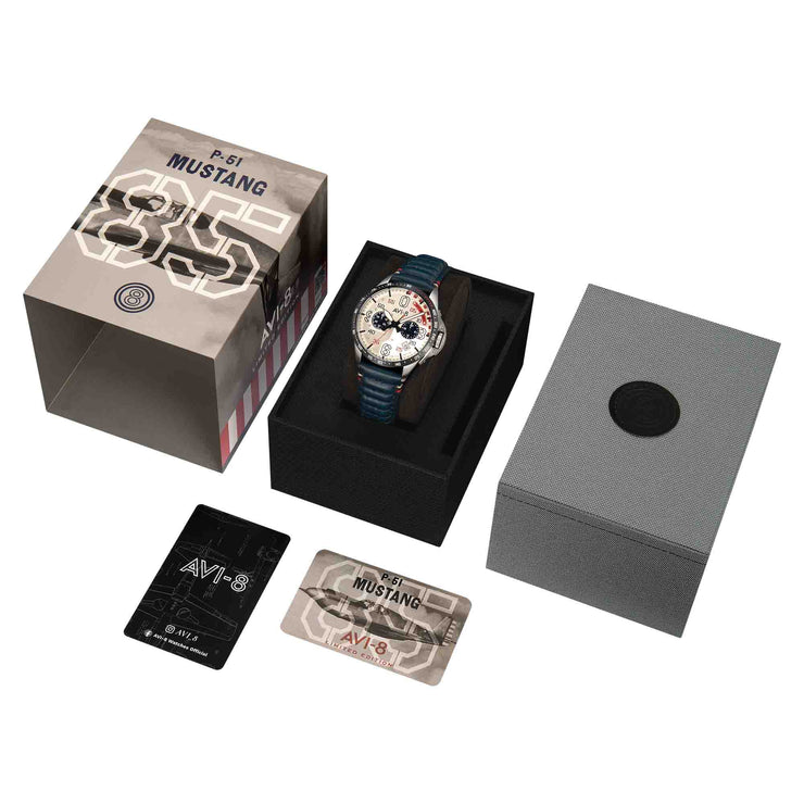 AVI-8 P-51 Mustang Kindelberger Chronograph 85th Anniversary Slipstream Silver Limited Edition