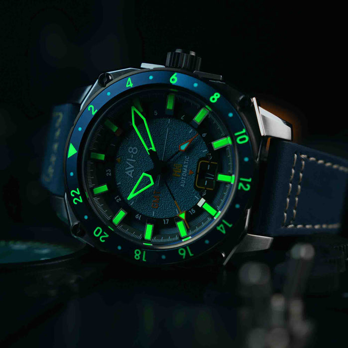 AVI-8 Hawker Hunter Atlas GMT Automatic Retro Blue angled shot picture