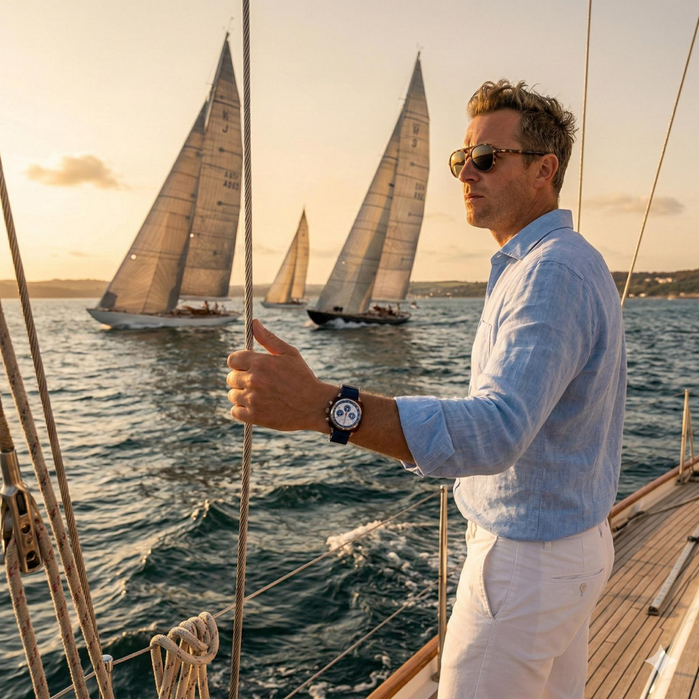 Briston Clubmaster Regatta Chrono 42mm White Navy angled shot picture