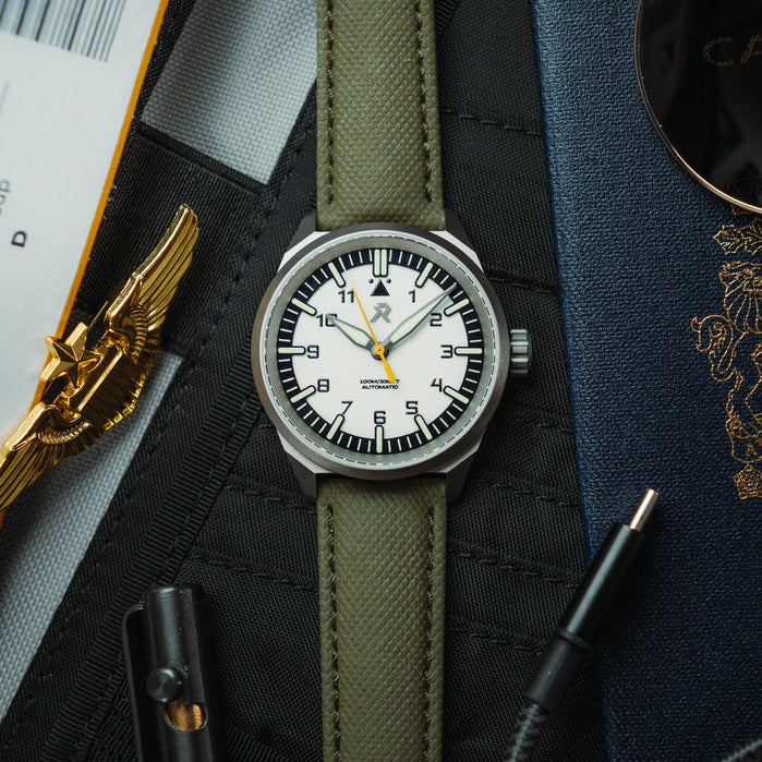 RZE Resolute Automatic Titanium Type A Polaris White angled shot picture