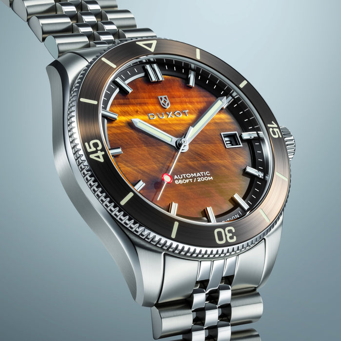 Duxot Pacifico Automatic Lapidary Limited Edition Tiger Eye angled shot picture