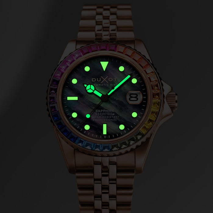 Duxot Atlantica 40 Rainbow Automatic Rose Gold Black Mother of Pearl angled shot picture