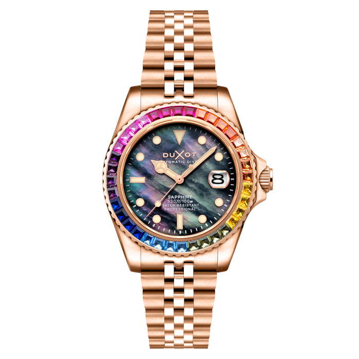 Duxot Atlantica 40 Rainbow Automatic Rose Gold Black Mother of Pearl angled shot picture