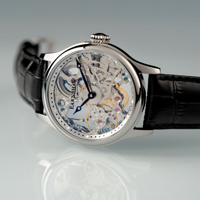 Thomas Earnshaw Bauer Mechanical Skeleton Silvered Steel angled shot picture