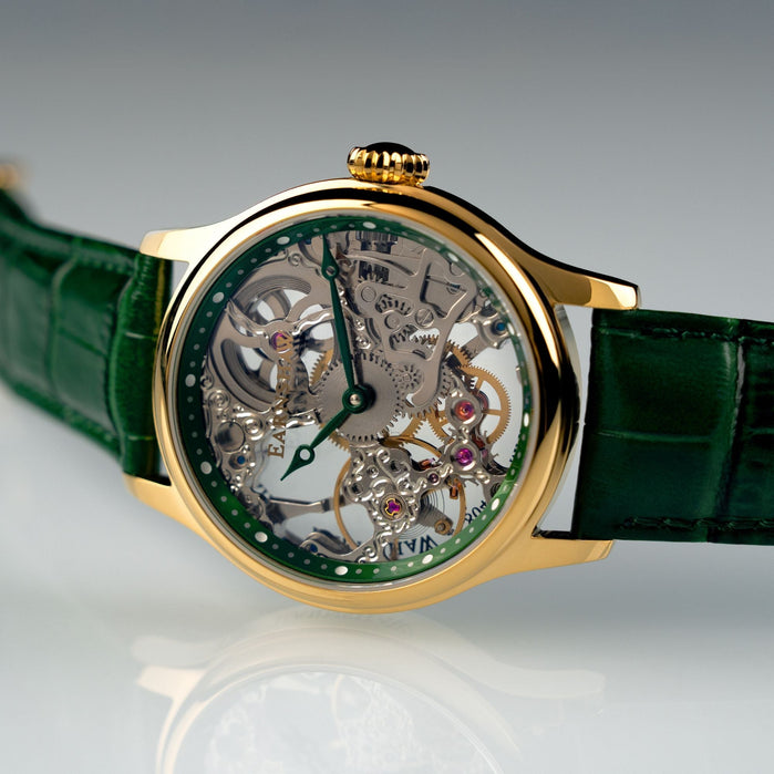 Thomas Earnshaw Bauer Mechanical Skeleton Gold Green angled shot picture