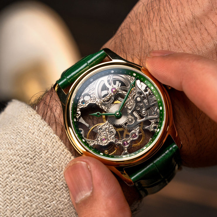 Thomas Earnshaw Bauer Mechanical Skeleton Gold Green