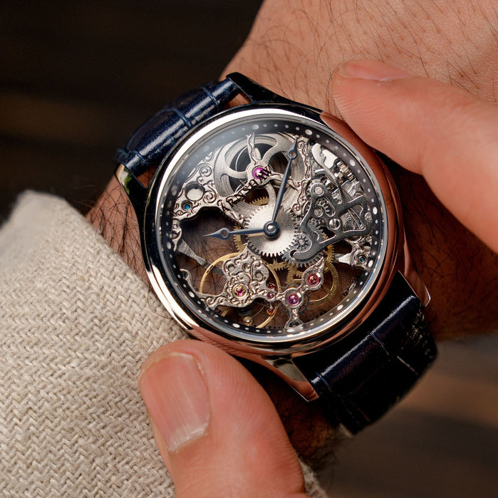 Thomas Earnshaw Bauer Mechanical Skeleton Clear Blue angled shot picture