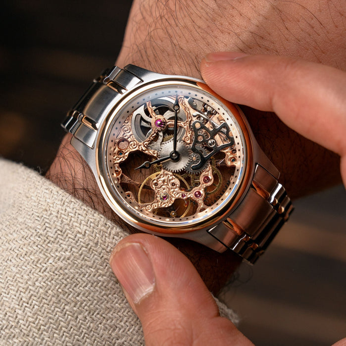 Thomas Earnshaw Bauer Mechanical Skeleton Steel Rose Gold angled shot picture