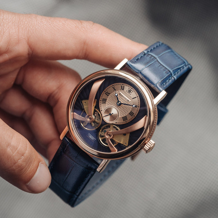 Thomas Earnshaw Beaufort Anatolia Automatic Rose Gold Blue angled shot picture