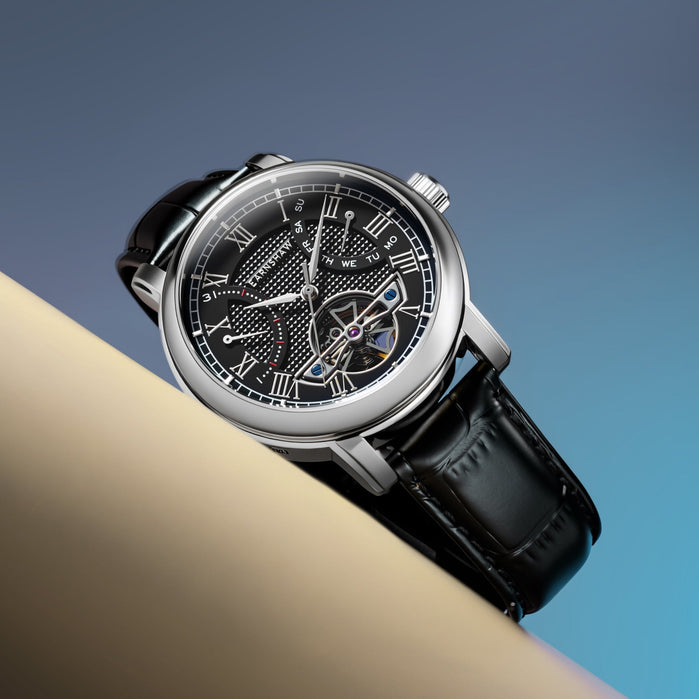 Thomas Earnshaw Heritage Longcase Double Retrograde Calendar Open Heart Automatic Ebony angled shot picture