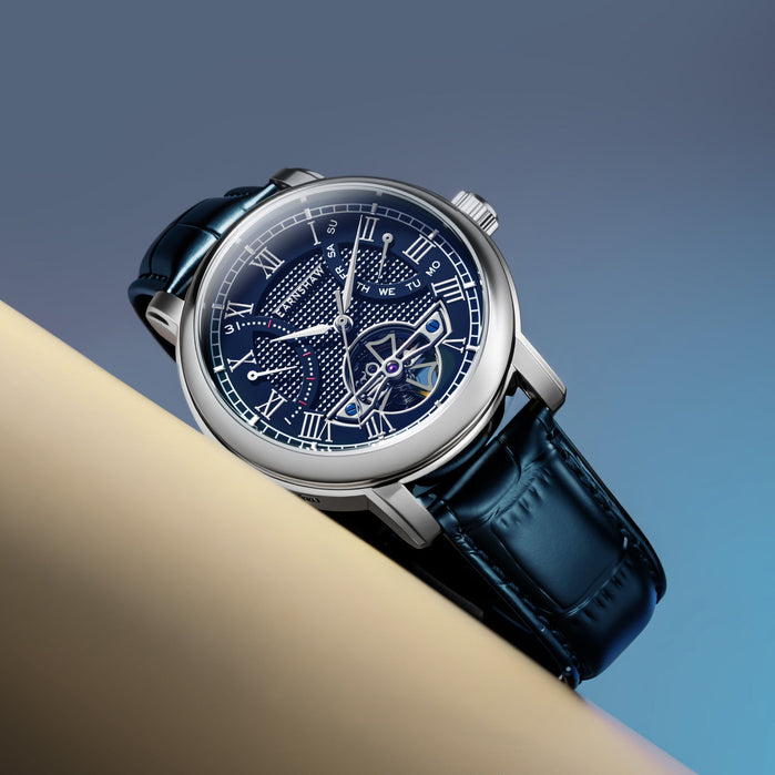 Thomas Earnshaw Heritage Longcase Double Retrograde Calendar Open Heart Automatic Mansfield angled shot picture