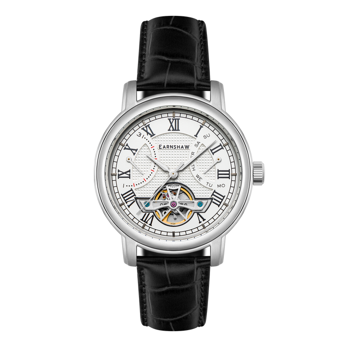 Thomas Earnshaw Heritage Longcase Double Retrograde Calendar Open Heart Automatic Library White angled shot picture