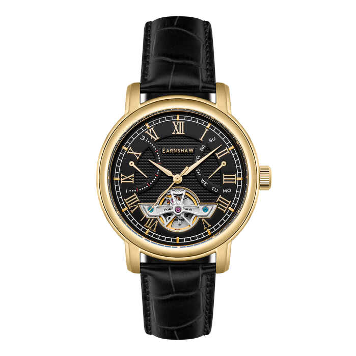 Thomas Earnshaw Heritage Longcase Double Retrograde Calendar Open Heart Automatic Medallion Gold angled shot picture