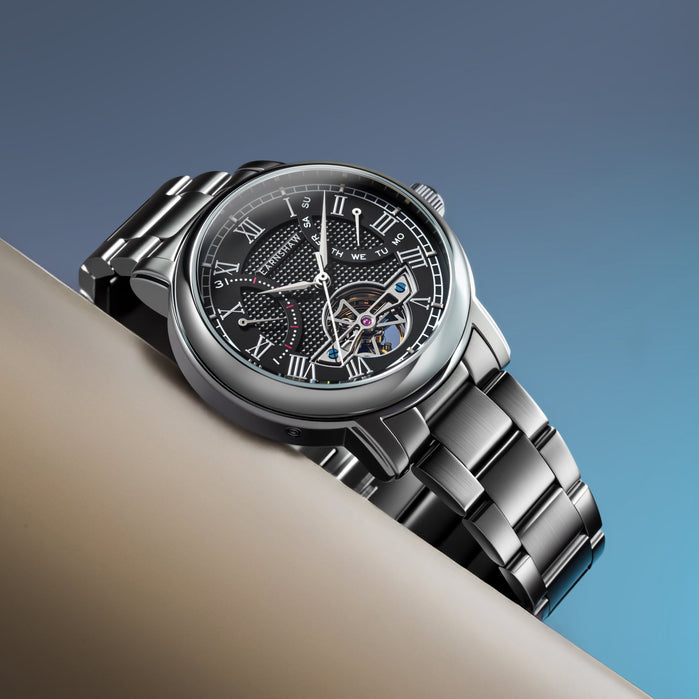 Thomas Earnshaw Heritage Longcase Double Retrograde Calendar Open Heart Automatic Onyx angled shot picture