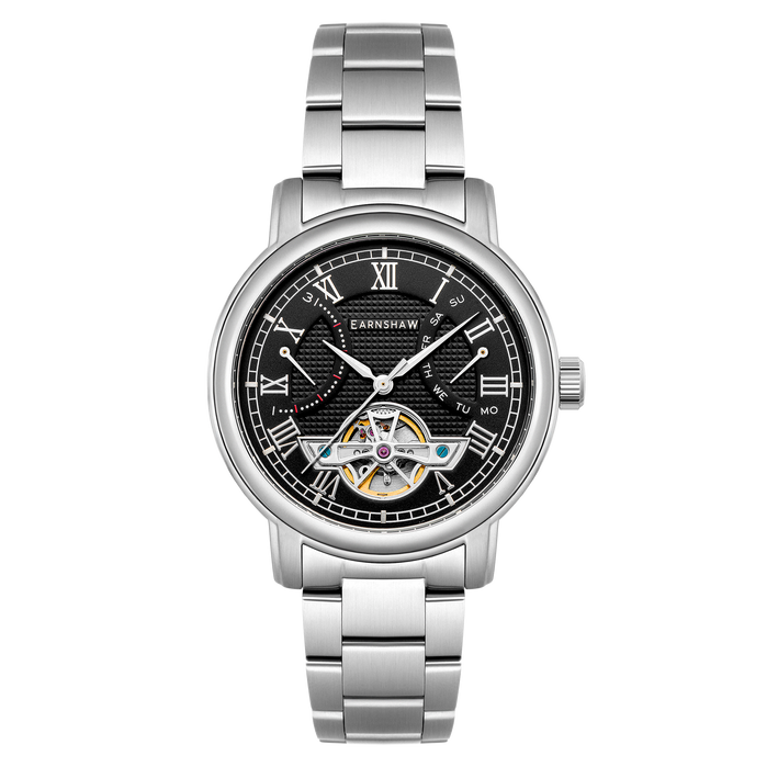 Thomas Earnshaw Heritage Longcase Double Retrograde Calendar Open Heart Automatic Onyx angled shot picture
