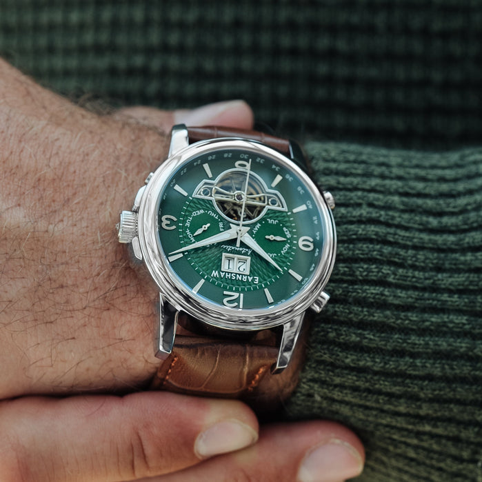 Thomas Earnshaw City Of London Marylebone Grand Date Calendar Open Heart Automatic Green angled shot picture