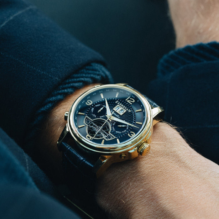 Thomas Earnshaw City Of London Marylebone Grand Date Calendar Open Heart Automatic Blue angled shot picture