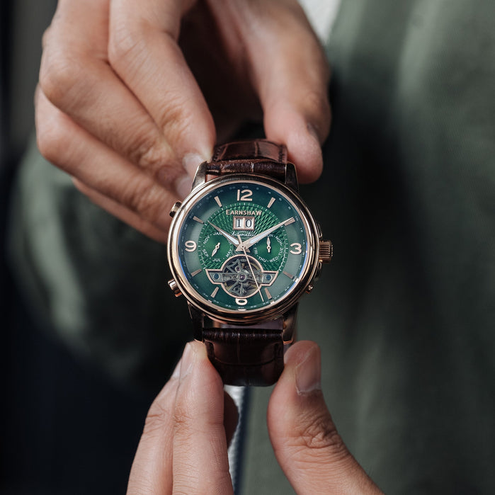 Thomas Earnshaw City Of London Marylebone Grand Open Heart Automatic Hunter Rose Green angled shot picture