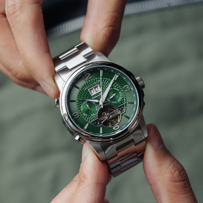 Thomas Earnshaw City Of London Marylebone Grand Date Calendar Open Heart Automatic Absinthe Green SS angled shot picture