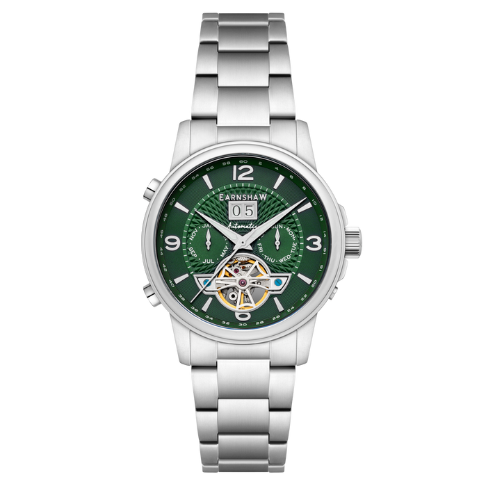 Thomas Earnshaw City Of London Marylebone Grand Date Calendar Open Heart Automatic Absinthe Green SS angled shot picture