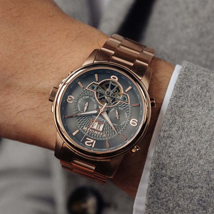 Thomas Earnshaw City Of London Marylebone Grand Date Calendar Open Heart Automatic Havana Rose SS angled shot picture