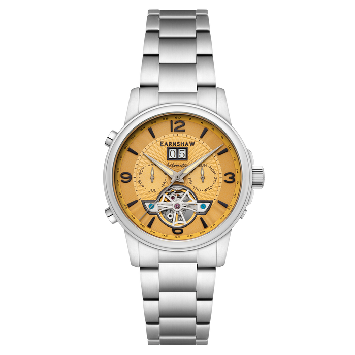 Thomas Earnshaw City Of London Marylebone Grand Date Calendar Open Heart Automatic Deep Orange SS angled shot picture