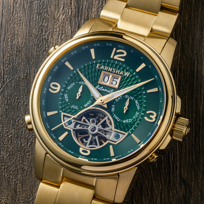 Thomas Earnshaw City Of London Marylebone Grand Date Calendar Open Heart Automatic Yellow Gold SS angled shot picture