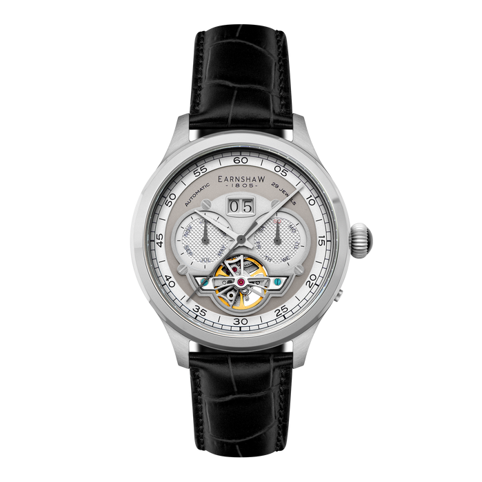 Thomas Earnshaw Baron Grand Date Calendar Open Heart Automatic Heather Grey angled shot picture