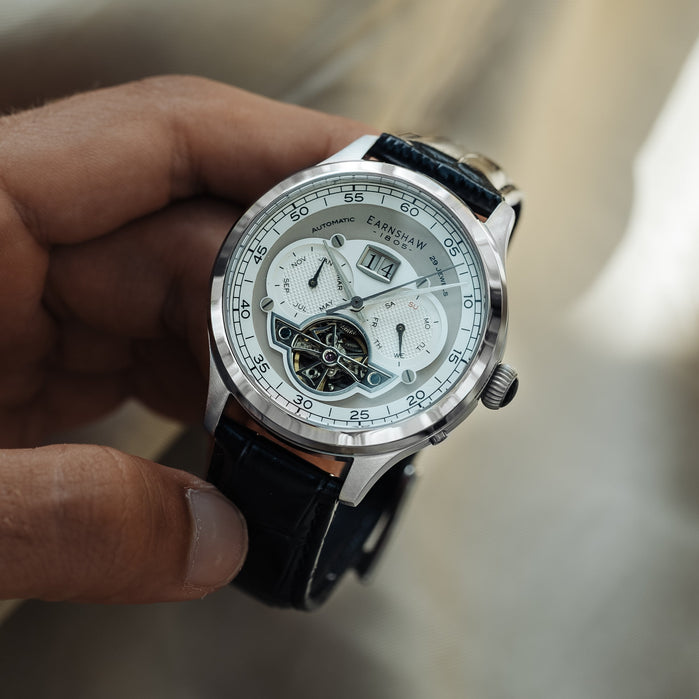 Thomas Earnshaw Baron Grand Date Calendar Open Heart Automatic Heather Grey angled shot picture