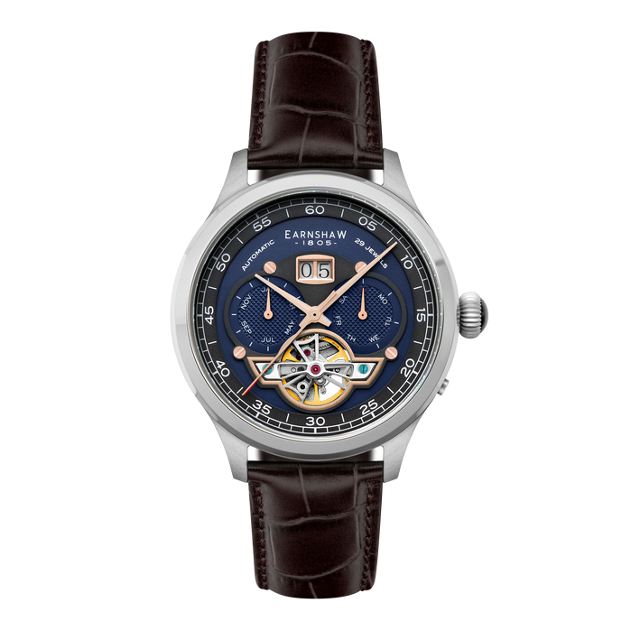 Thomas Earnshaw Baron Grand Date Calendar Open Heart Automatic Crisply Blue angled shot picture