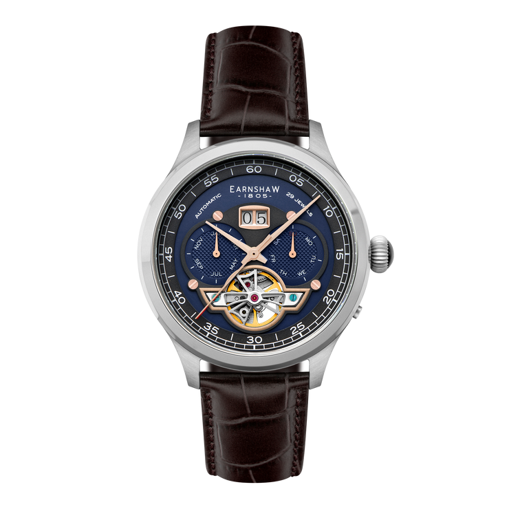 Thomas Earnshaw Baron Grand Date Calendar Open Heart Automatic Crisply Blue