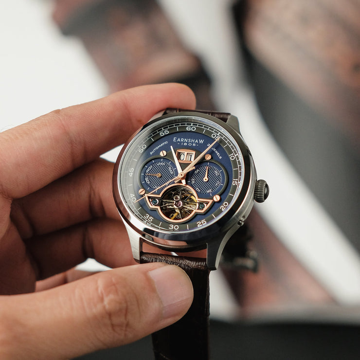 Thomas Earnshaw Baron Grand Date Calendar Open Heart Automatic Crisply Blue