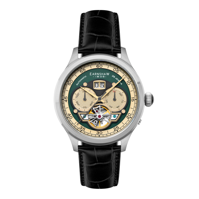 Thomas Earnshaw Baron Grand Date Calendar Open Heart Automatic Forestry Green angled shot picture