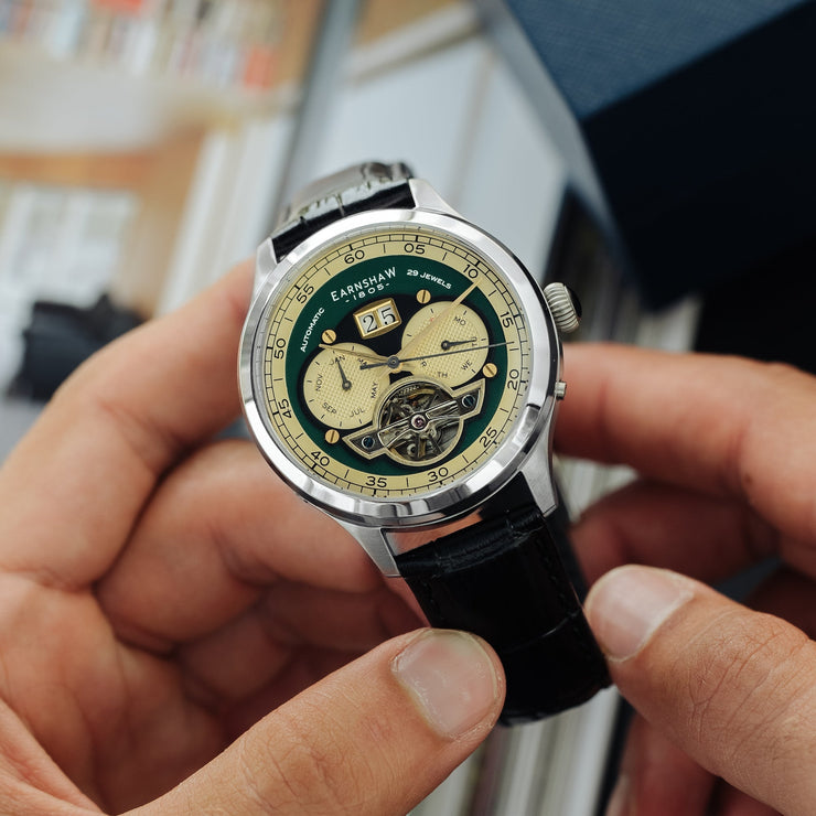 Thomas Earnshaw Baron Grand Date Calendar Open Heart Automatic Forestry Green