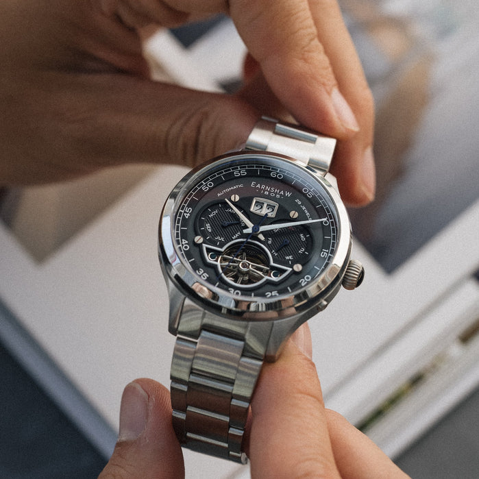 Thomas Earnshaw Baron Grand Date Calendar Open Heart Automatic Deep Midnight angled shot picture