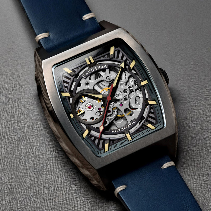 Thomas Earnshaw Heritage Wellington Skeleton Automatic Gunmetal Blue angled shot picture