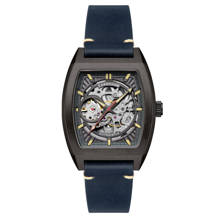 Thomas Earnshaw Heritage Wellington Skeleton Automatic Gunmetal Blue angled shot picture