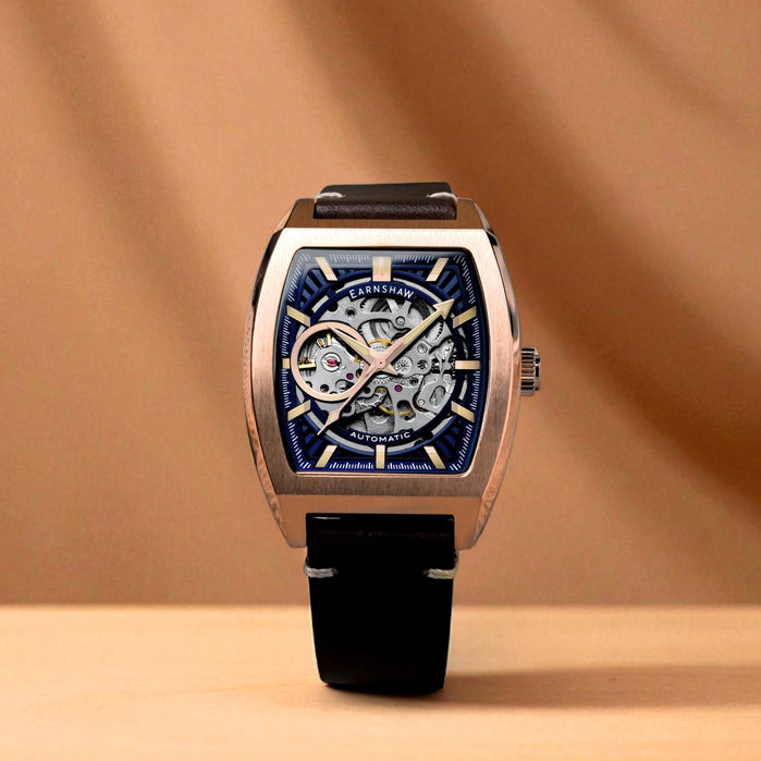 Thomas Earnshaw Heritage Wellington Skeleton Automatic Rosewater Blue angled shot picture