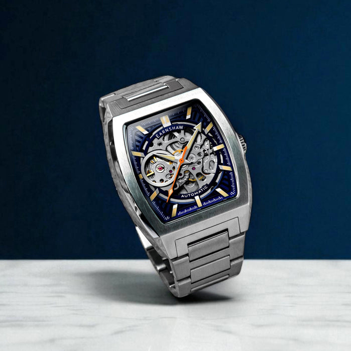 Thomas Earnshaw Heritage Wellington Skeleton Automatic Steel Blue angled shot picture