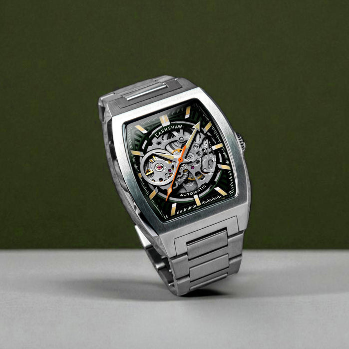 Thomas Earnshaw Heritage Wellington Skeleton Automatic Sage Steel angled shot picture