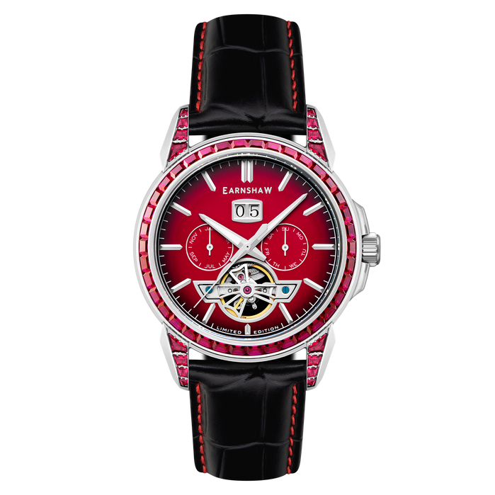 Thomas Earnshaw Nobility Nawab Grand Date Calendar Open Heart Automatic Limited Edition Scarlet Spark angled shot picture