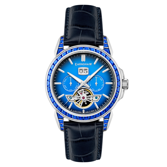 Thomas Earnshaw Nobility Nawab Grand Date Calendar Open Heart Automatic Limited Edition Cobalt Glow angled shot picture