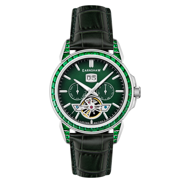 Thomas Earnshaw Nobility Nawab Grand Date Calendar Open Heart Automatic Limited Edition Olive Gem angled shot picture