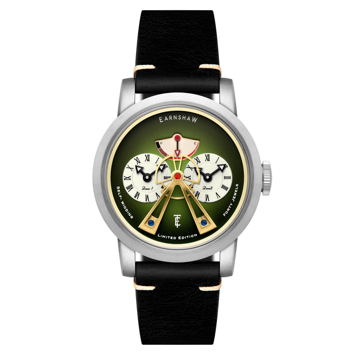 Thomas Earnshaw Heritage Beaufort Power Reserve Dual Time Automatic Green Fume Limited Edition angled shot picture