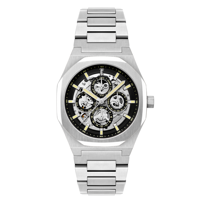 Thomas Earnshaw Discovery Drake Triple Calendar Skeleton Automatic Shadowed Steel angled shot picture