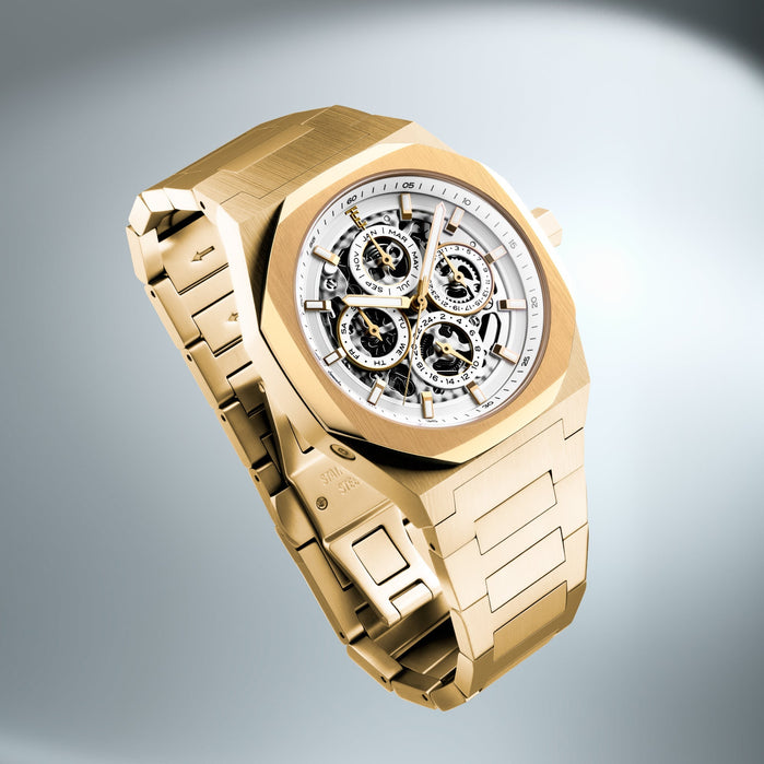 Thomas Earnshaw Discovery Drake Triple Calendar Skeleton Automatic Cloudy Gold angled shot picture