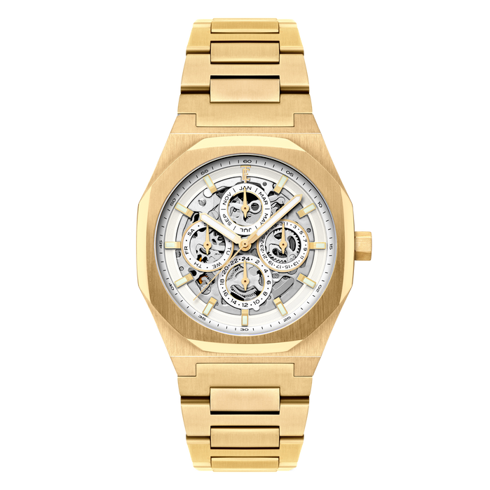 Thomas Earnshaw Discovery Drake Triple Calendar Skeleton Automatic Cloudy Gold angled shot picture