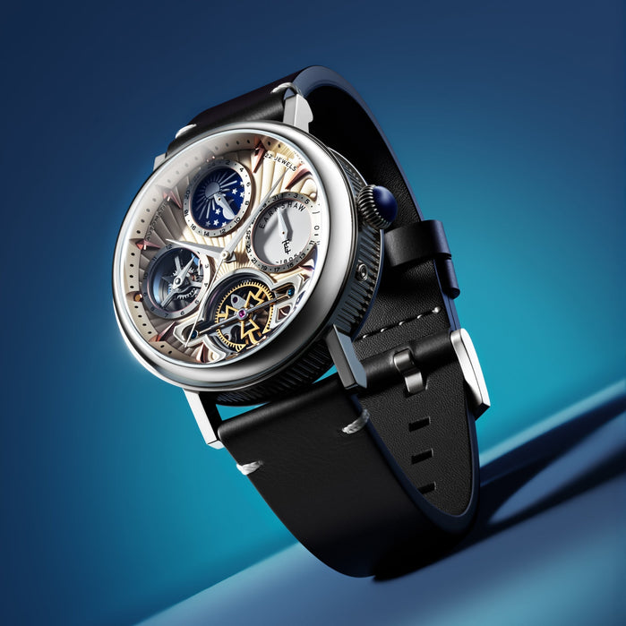 Thomas Earnshaw Heritage Beaufort Dual Time Date Open Heart Automatic Dune Brilliance angled shot picture