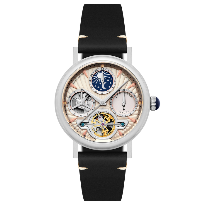 Thomas Earnshaw Heritage Beaufort Dual Time Date Open Heart Automatic Dune Brilliance angled shot picture