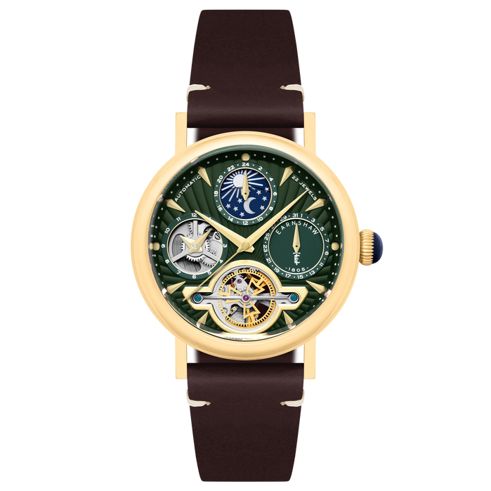 Thomas Earnshaw Heritage Beaufort Dual Time Date Open Heart Automatic Green Glimmer angled shot picture